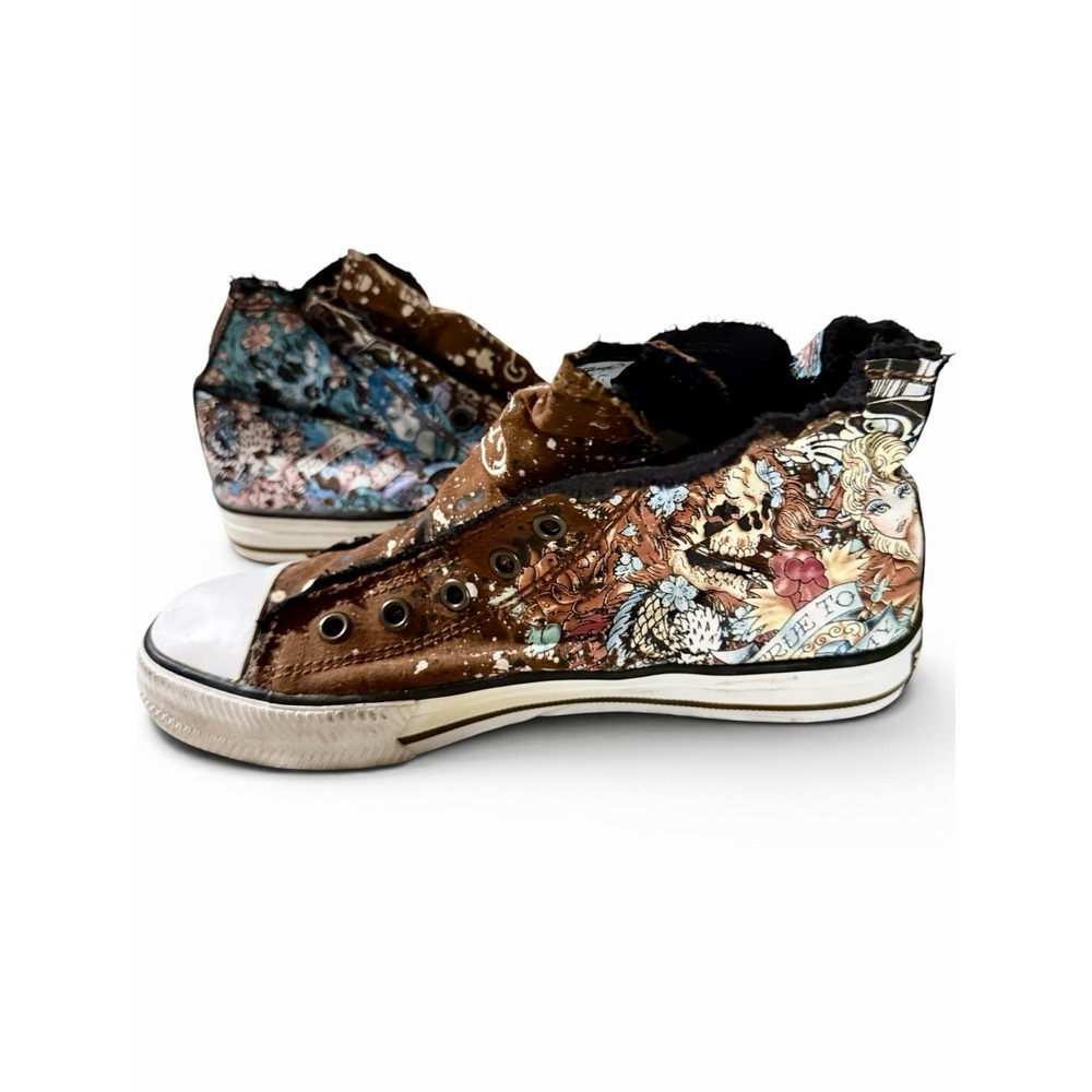 Vintage 90s Ed Hardy Hi-Top Canvas Sneakers Slip On Tattoo Art Skull Floral Sz 6
